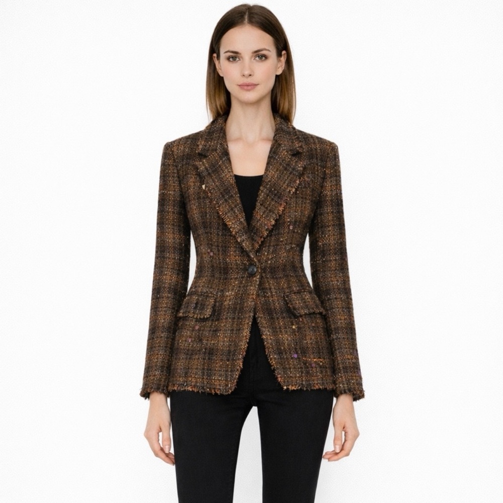 JNBY 72% Wool Tweed Plaid Blazer Embellished Sequin Fringe | Size 2/4 | EUC